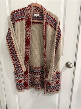 Lucky Brand Beige Open Cardigan with Red and Blue Geometric Trim